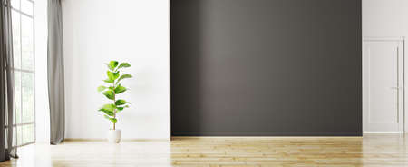 Empty interior background, living room with black white wallsan and window 3d renderingの写真素材
