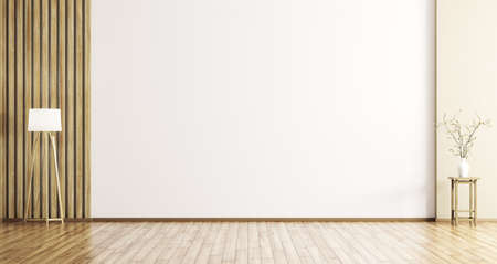 Empty interior background, room with wood paneling, vase with flower branch and floor lamp 3d renderingの写真素材