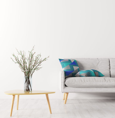 Room interior background,  glass vase with flower branches on the wooden coffee table and sofa over...