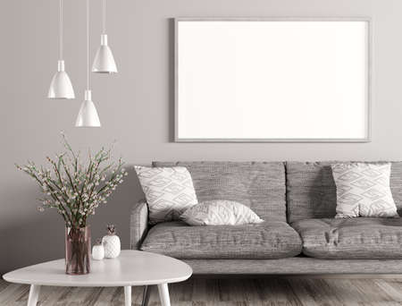 Modern interior of living room with grey sofa, white coffee table and mock up poster on the wall 3d renderingの写真素材
