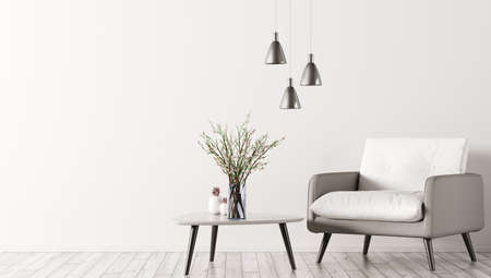 Interior of living room with triangular coffee table, lamps and white grey armchair 3d renderingの写真素材