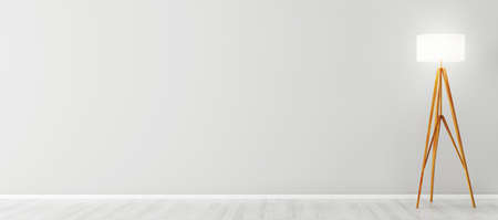 Interior background of empty room with wooden floor lamp over grey wall 3d renderingの写真素材
