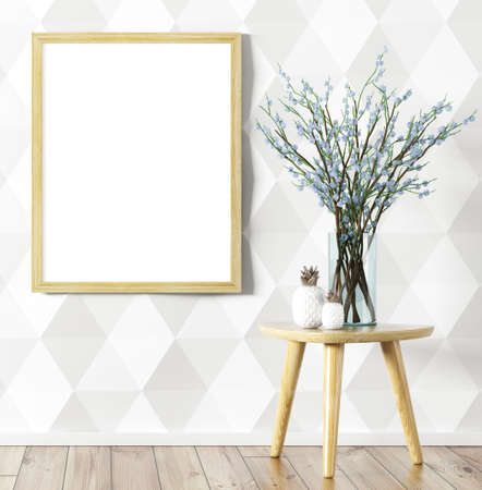 Room interior background, mock up poster and glass vase with flower branches on the table over white paneling wall, 3d renderingの写真素材