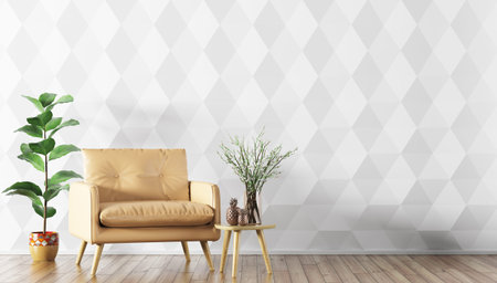 Interior of living room with wooden coffee table,plant and yellow leather armchair 3d renderingの写真素材