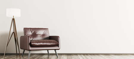 Interior of living room with wooden floor lamp and brown armchair, panorama 3d renderingの写真素材