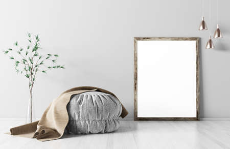 Room interior with ottoman, mock up frame on the parquet floor, lights and vase with branch, background 3d renderingの写真素材