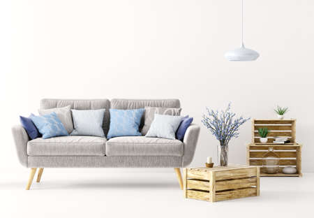 Modern interior design of living room with gray sofa over white wall 3d renderingの写真素材
