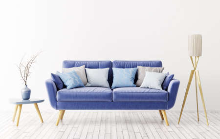 Modern interior design of living room with blue sofa, floor lamp and vase with flower branche 3d renderingの写真素材