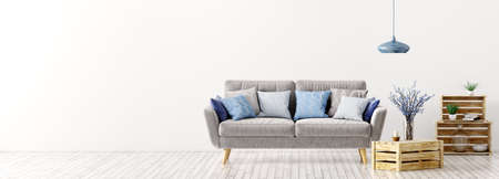 Modern interior design of living room with gray sofa and blue cushions over white wall panorama 3d renderingの写真素材