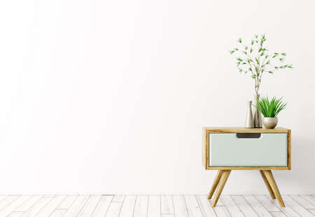 Interior background of living room with wooden side table and vases with plants over white 3d renderingの写真素材