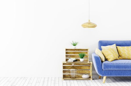 Modern interior design of living room with blue sofa over white wall 3d rendering