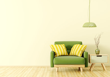 Interior design of living room with wooden side table, lamp and green velvet armchair over yellow 3d...