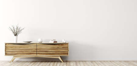 Modern interior of living room with wooden dresser over white wall panorama 3d renderingの写真素材
