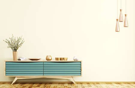 Modern interior of living room with wooden sideboard and copper lamps 3d renderingの写真素材