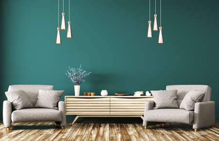 Modern interior of living room with wooden dresser and two gray armchairs 3d renderingの写真素材