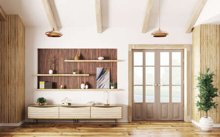 Modern interior of living room with wooden sideboard and door 3d renderingの写真素材