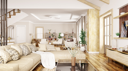 Modern interior design of house, hall, living room with sofa and armchairs 3d renderingの写真素材