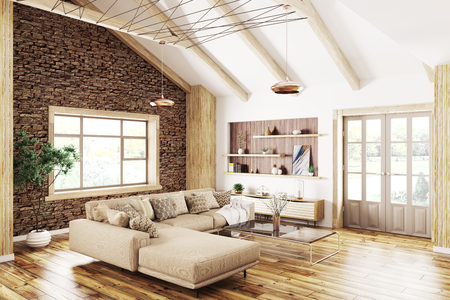 Modern interior design of house, living room with beige sofa 3d renderingの写真素材