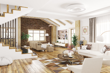 Modern interior design of house, living room with sofa and armchairs,staircase 3d renderingの写真素材