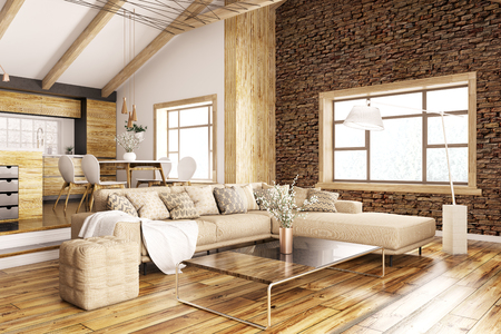 Modern interior of house, kitchen, living room with sofa 3d renderingの写真素材