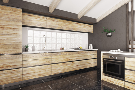 Modern interior of wooden kitchen with white stone counter 3d renderingの写真素材