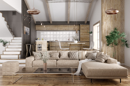 Modern interior of house, kitchen, living room with sofa, staircase 3d renderingの写真素材