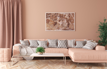 Modern interior of living room with peach corner sofa, coffee table 3d renderingの写真素材
