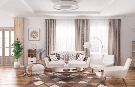 Modern interior of living room with white sofa, armchairs  and coffee table 3d renderingの写真素材