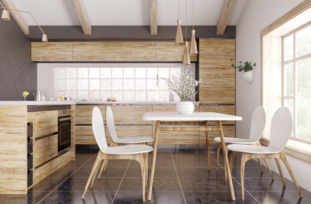 Modern interior of wooden kitchen with window, yellow and white table and chairs 3d renderingの写真素材