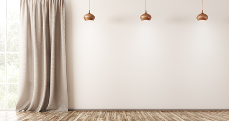 Empty interior background, living room with beige wall, three lamps and window with curtain 3d renderingの写真素材
