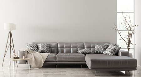 Modern interior of living room with brown leather corner sofa, coffee table,floor lamp 3d renderingの写真素材