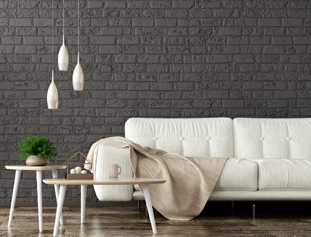 Modern interior of living room with white sofa, wooden coffee tables over black brick wall 3d renderingの写真素材