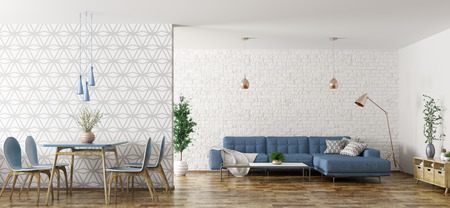 Modern interior of apartment, living room with blue corner sofa and dining area with table and chairs 3d renderingの写真素材