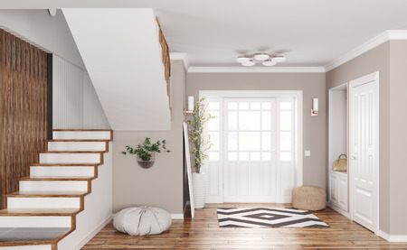 Interior of modern entrance hall with doors and staircase 3d renderingの写真素材