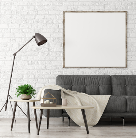 Modern interior of living room with black sofa, wooden coffee tables and mock up poster on the brick wall 3d renderingの写真素材