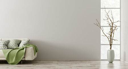 Interior background, living room with sofa, vase with branch and window 3d renderingの写真素材