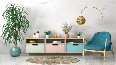 Modern interior of living room with wooden cabinet and armchair 3d renderingの写真素材
