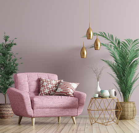 Interior of living room with golden coffee table, pink armchair, home design 3d renderingの写真素材