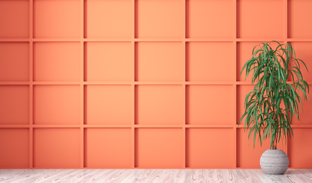 Empty interior background, room with orange paneling wall, vase with plant on the white wooden floor 3d renderingの写真素材