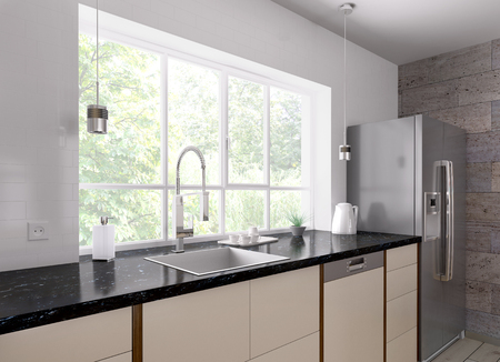 Interior of modern kitchen with black granite counter, refrigerator 3d renderの写真素材