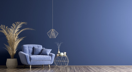 Interior of living room with coffee table and blue armchair, home design 3d renderingの写真素材