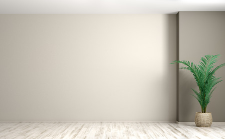 Empty room interior background, basket plant pot with palm over beige wall 3d renderingの写真素材