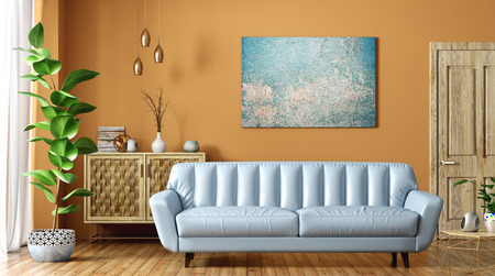 Modern interior of living room with blue leather sofa, wooden door and cabinet, against orange wall, home design 3d renderingの写真素材