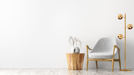 Interior of living room with wooden coffee table, golden floor lamp and gray armchair against white...