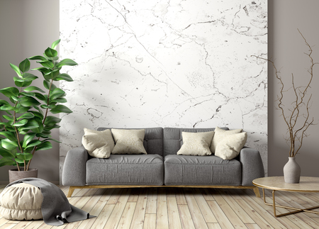 Modern interior of living room with gray sofa, coffee table and plant against marble wall 3d renderingの写真素材