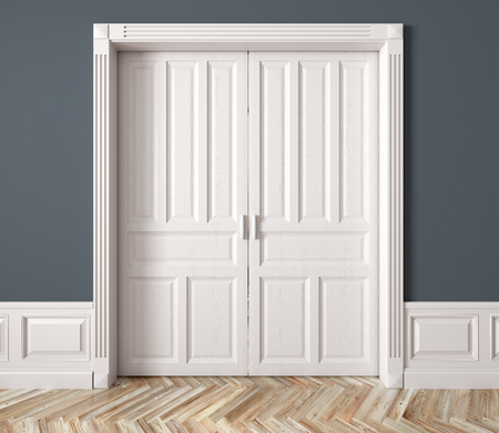 Interior of a room with classic white double sliding raised doors against blue wall 3d renderingの写真素材