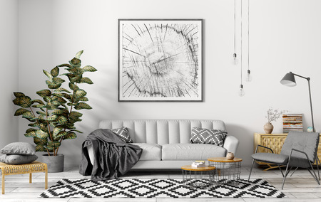 Modern interior of apartment, living room with grey sofa, armchair, coffee tables and plant 3d renderingの写真素材
