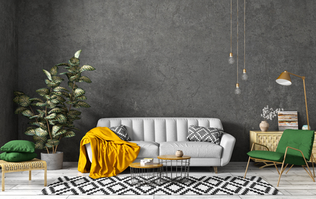 Modern interior design of living room with grey sofa, coffee tables, green armchair against black concrete wall 3d renderingの写真素材