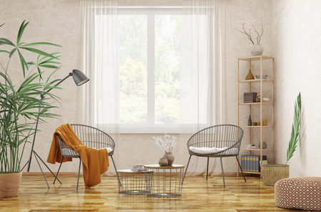 Modern interior design of scandinavian apartment, living room with armchairs, coffee tables in front...