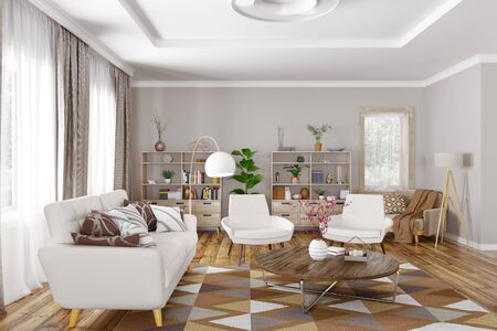 Modern interior design of living room with white sofa, armchairs and coffee table 3d renderingの写真素材